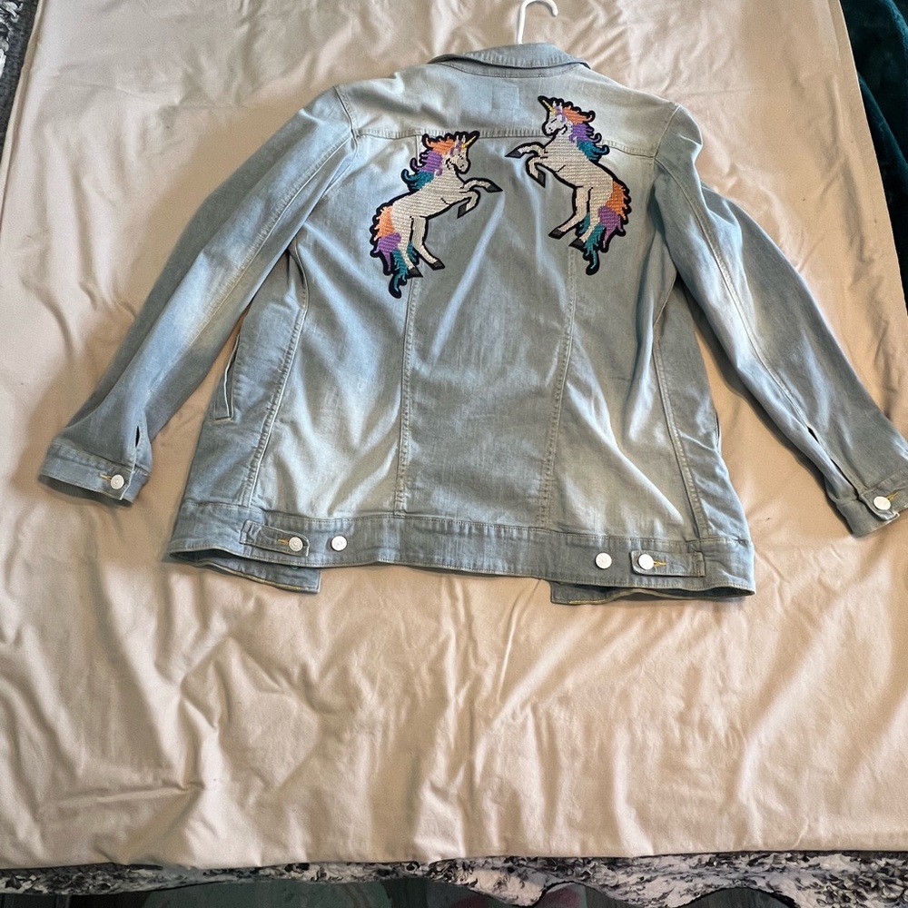 LuLaRoe Light Blue Denim Jacket with Unicorn Embroidery